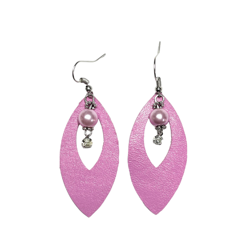 Genuine Pink Leather Hypoallergenic Silver Earrings with Faux Pink Pearls and Rhinestones
