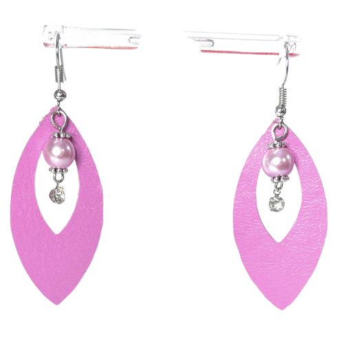 Genuine Pink Leather Hypoallergenic Silver Earrings with Faux Pink Pearls and Rhinestones