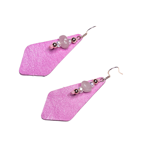 Genuine Pink Leather Hypoallergenic Rose Gold Earrings with Rose Quartz