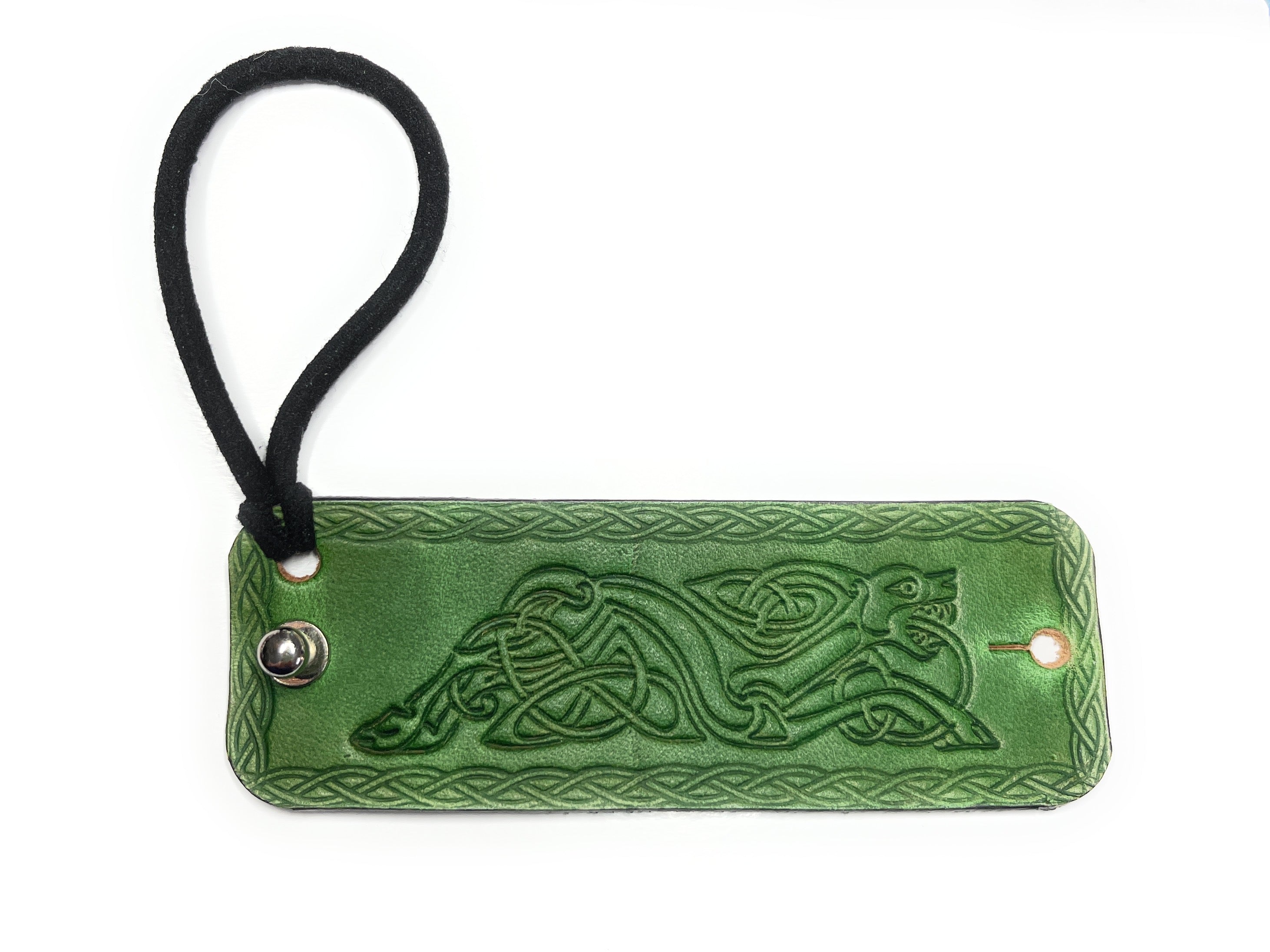 Handmade Leather Green Celtic Dragon Hair Tie