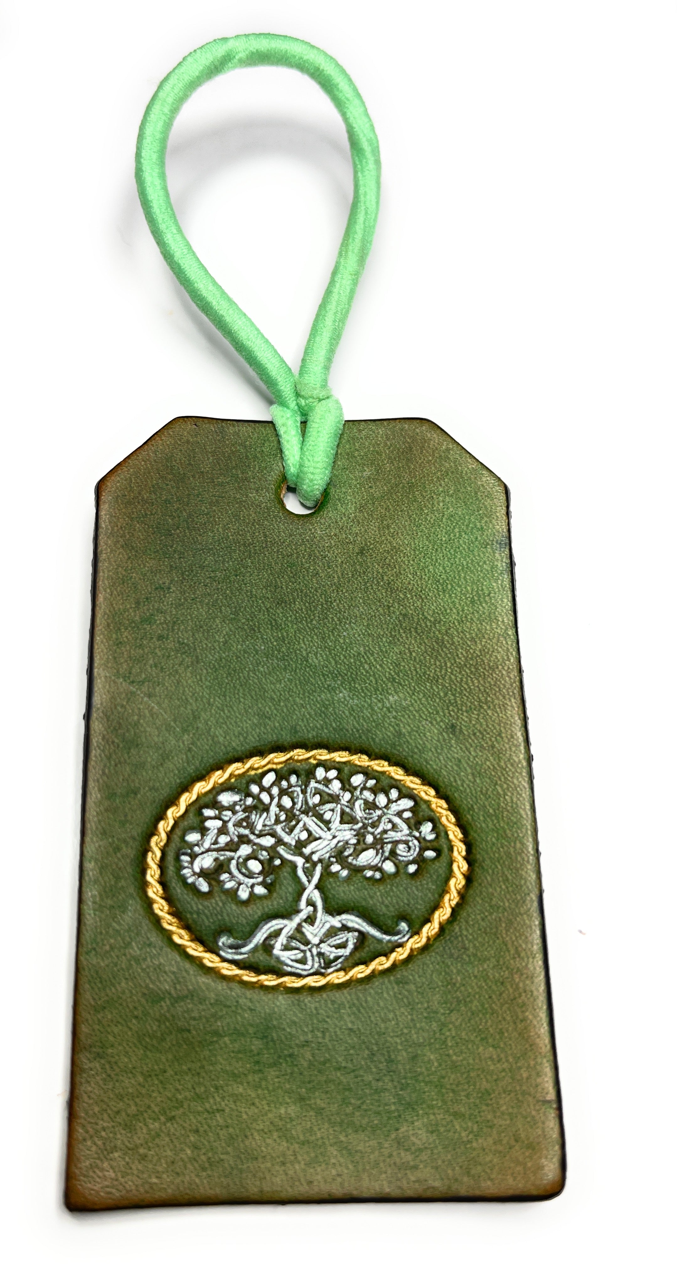 Handmade Green Celtic Tree of Life Leather Luggage Tag Bag Charm