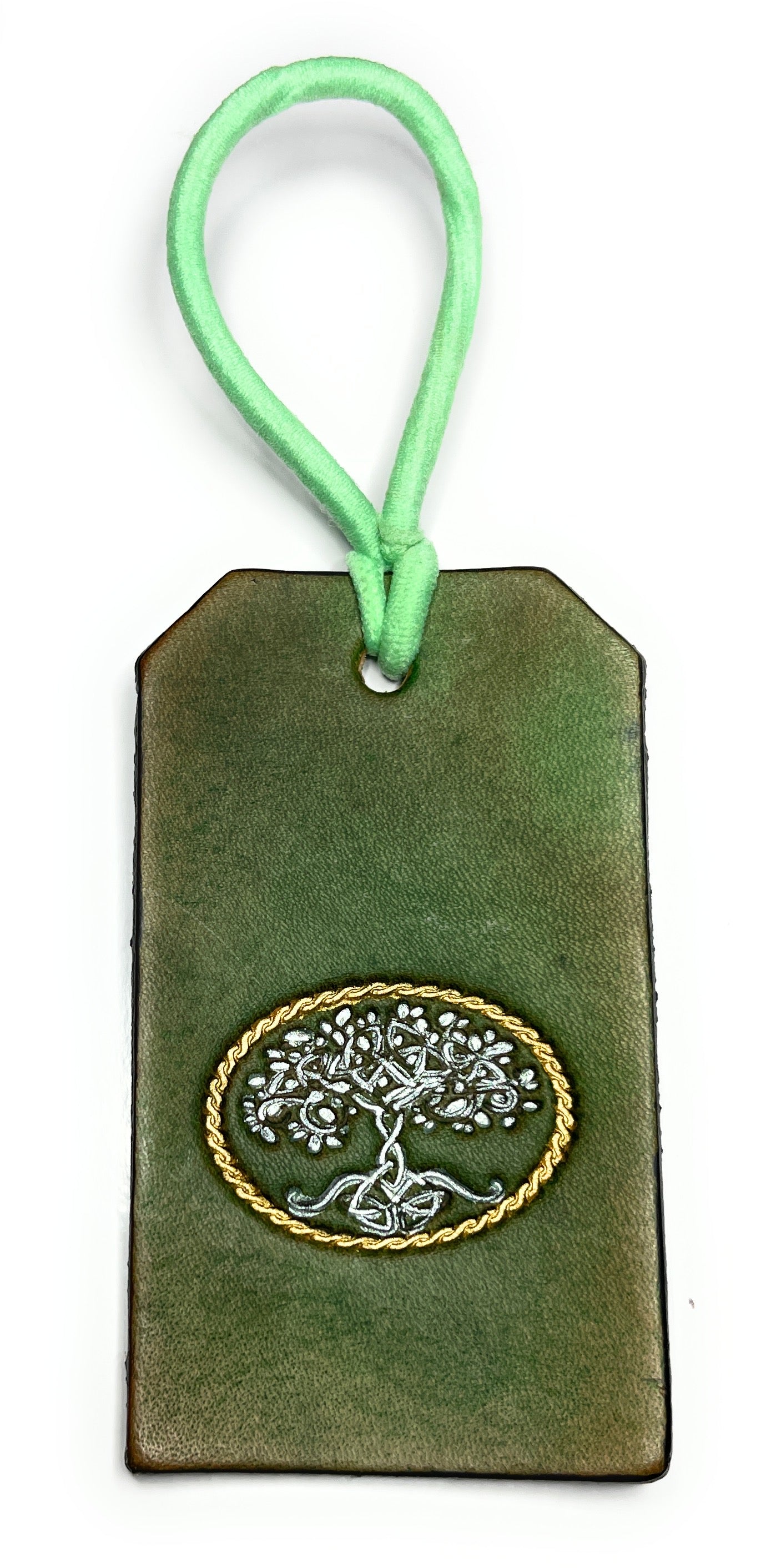 Handmade Green Celtic Tree of Life Leather Luggage Tag Bag Charm