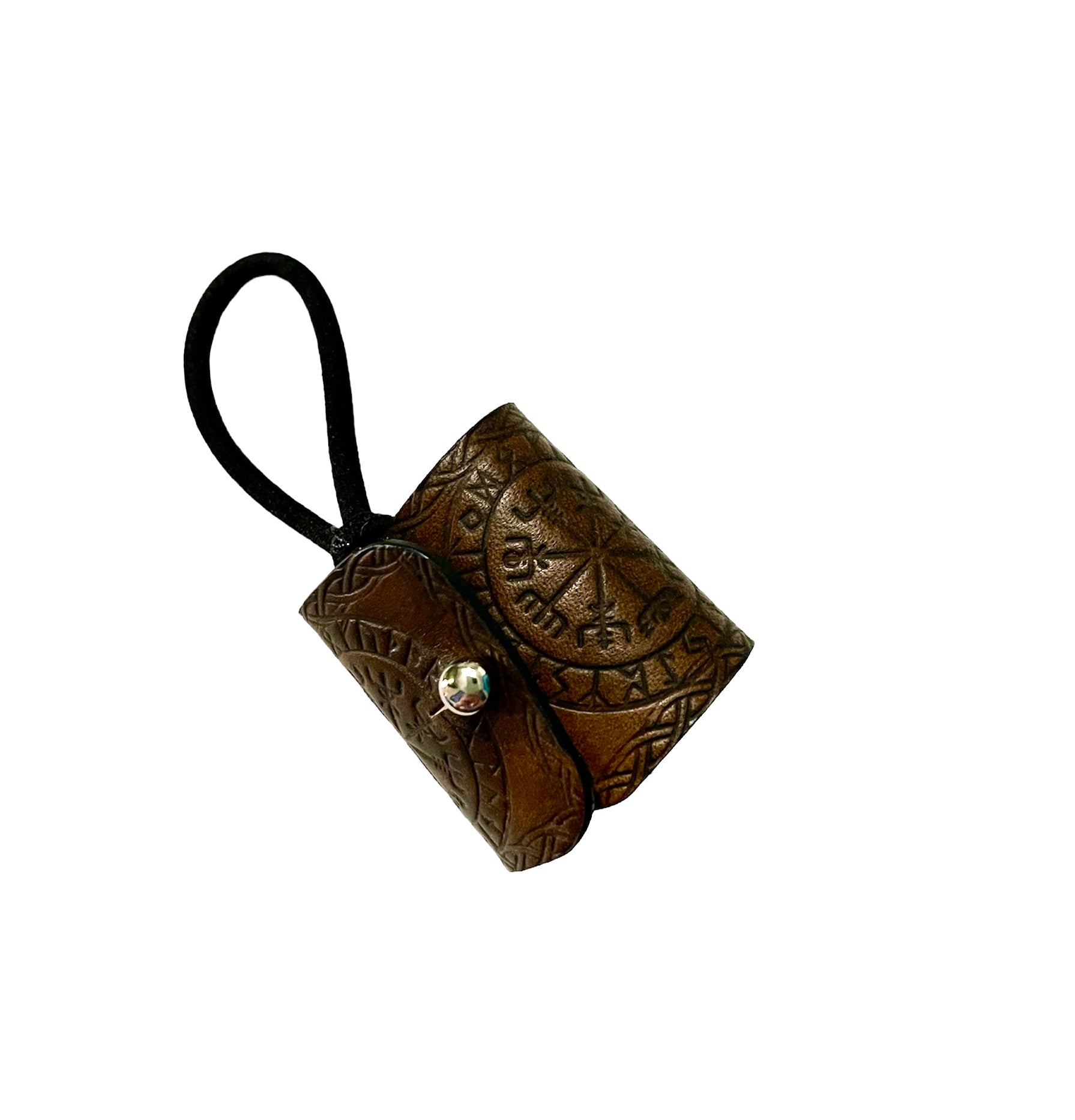 Handmade Brown Leather Thor's Hammer with Dual Viking Helm of Awe Hair Tie Ponytail Holder