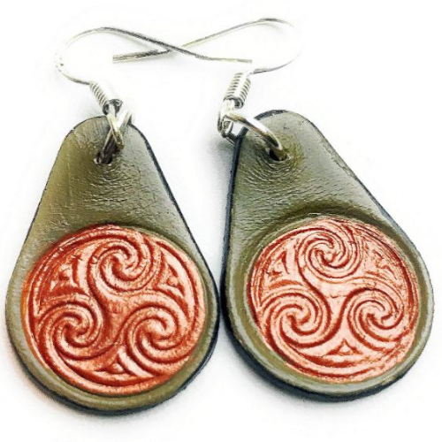 Handmade Leather Earrings Celtic Knot Hand-Painted in Sage Green and Bronze Shimmer