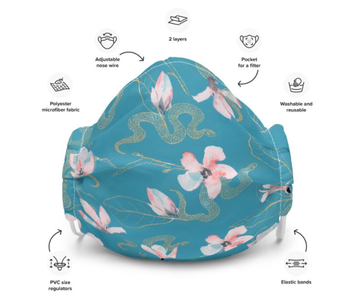 Blue Teal Snakes and Flowers Premium face mask