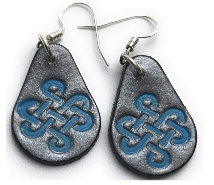 Handmade Leather Earrings Celtic Knot Hand-Painted in Grey and Blue