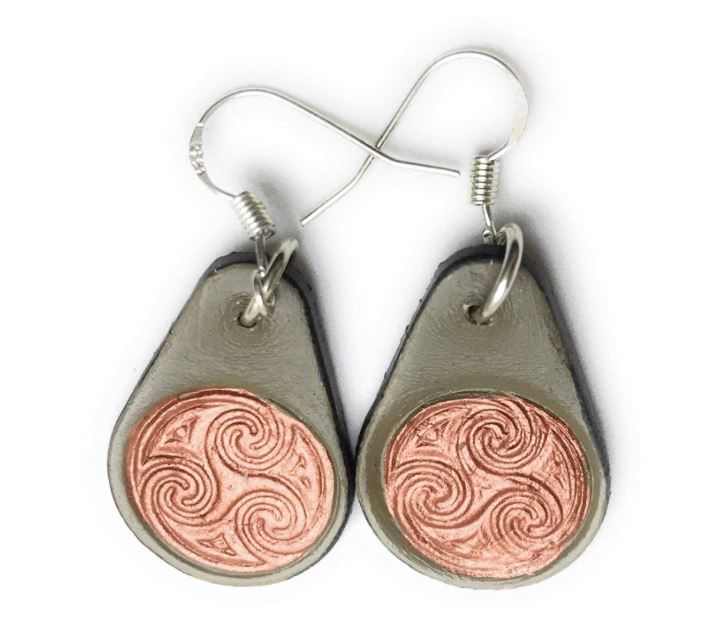Handmade Olive Leather Bronze Celtic Knot Triskellion Earrings
