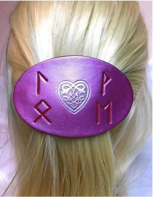 Handmade Pink Leather Celtic Heart Love Runes Hair Barrette Clip