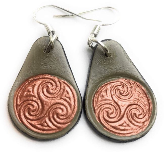 Handmade Olive Leather Bronze Celtic Knot Triskellion Earrings