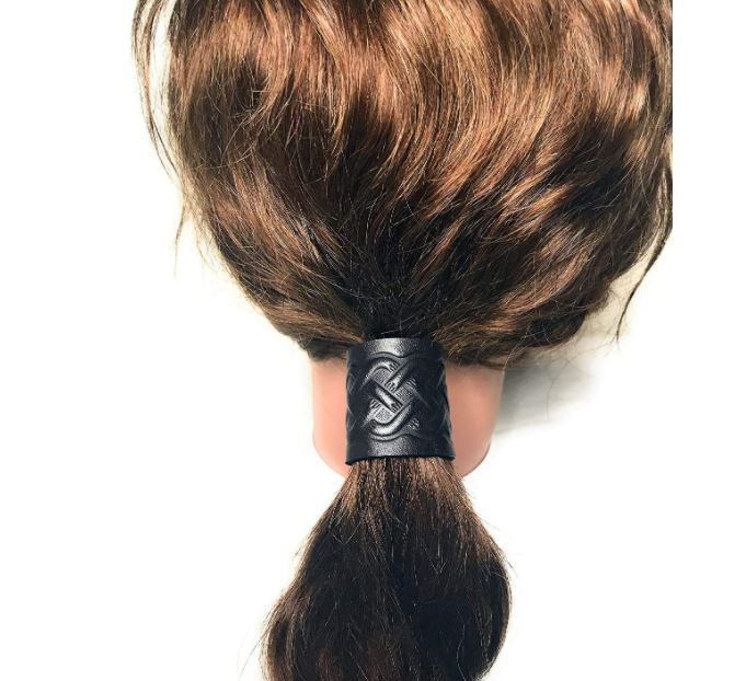 Handmade Black Leather Celtic Rounded Long Knot Men's Hair Tie Ponytail Holder