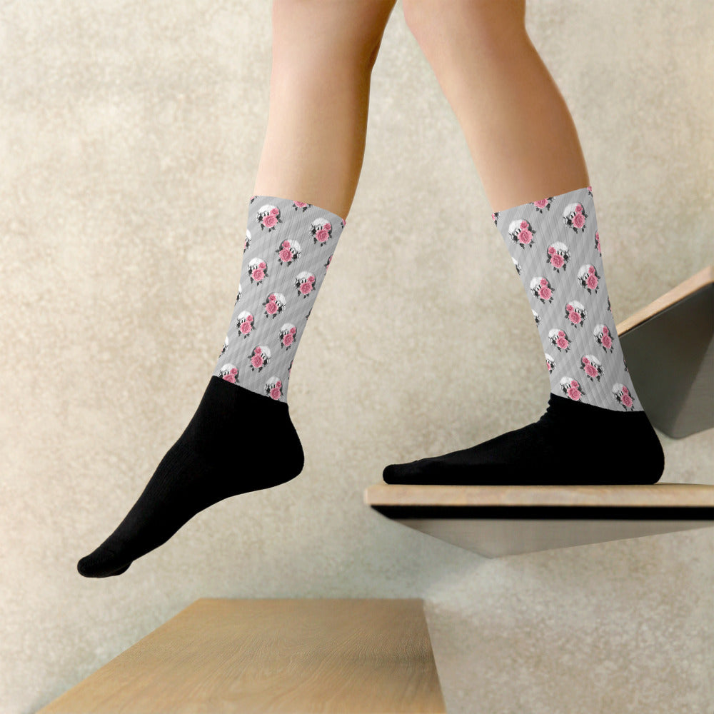 Pink and Grey Skull and Flowers Women's Crew Length Socks