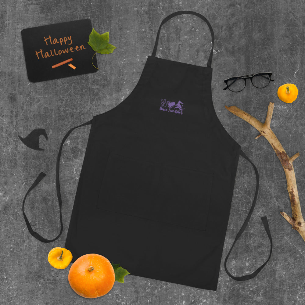 Purple Peace, Love, and Witch Black Embroidered Apron