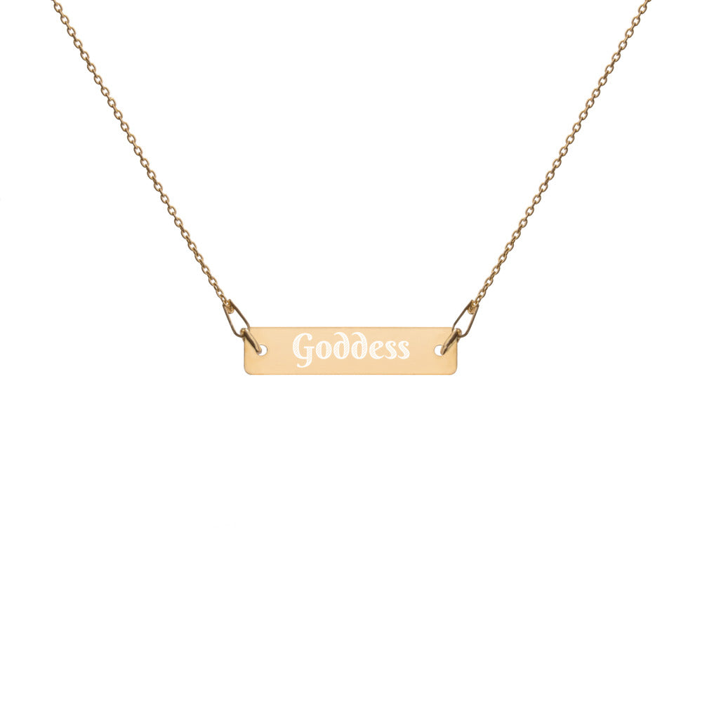 Goddess Engraved Bar Chain Necklace in four color variations