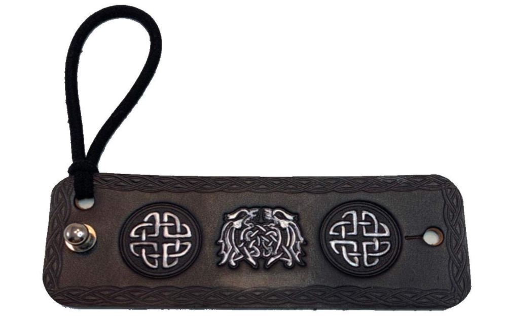 Handmade Black Leather Silver Celtic Dragons Hair Tie Ponytail Holder