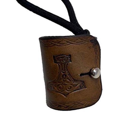 Handmade Brown Viking Hammer and Helm of Awe Leather Hair Tie